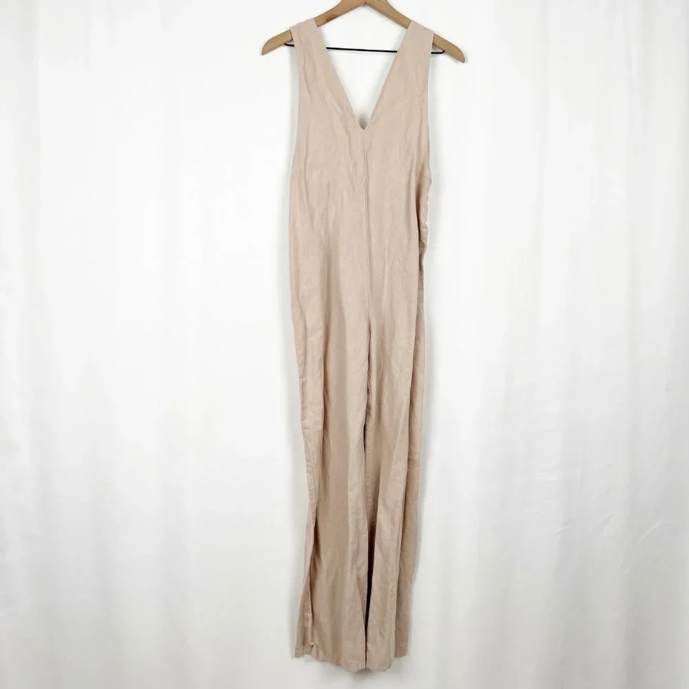 Zara Linen Wide Straight Leg Long Jumpsuit Overalls High Rise Waisted V-Neck XS - Picture 6 of 10